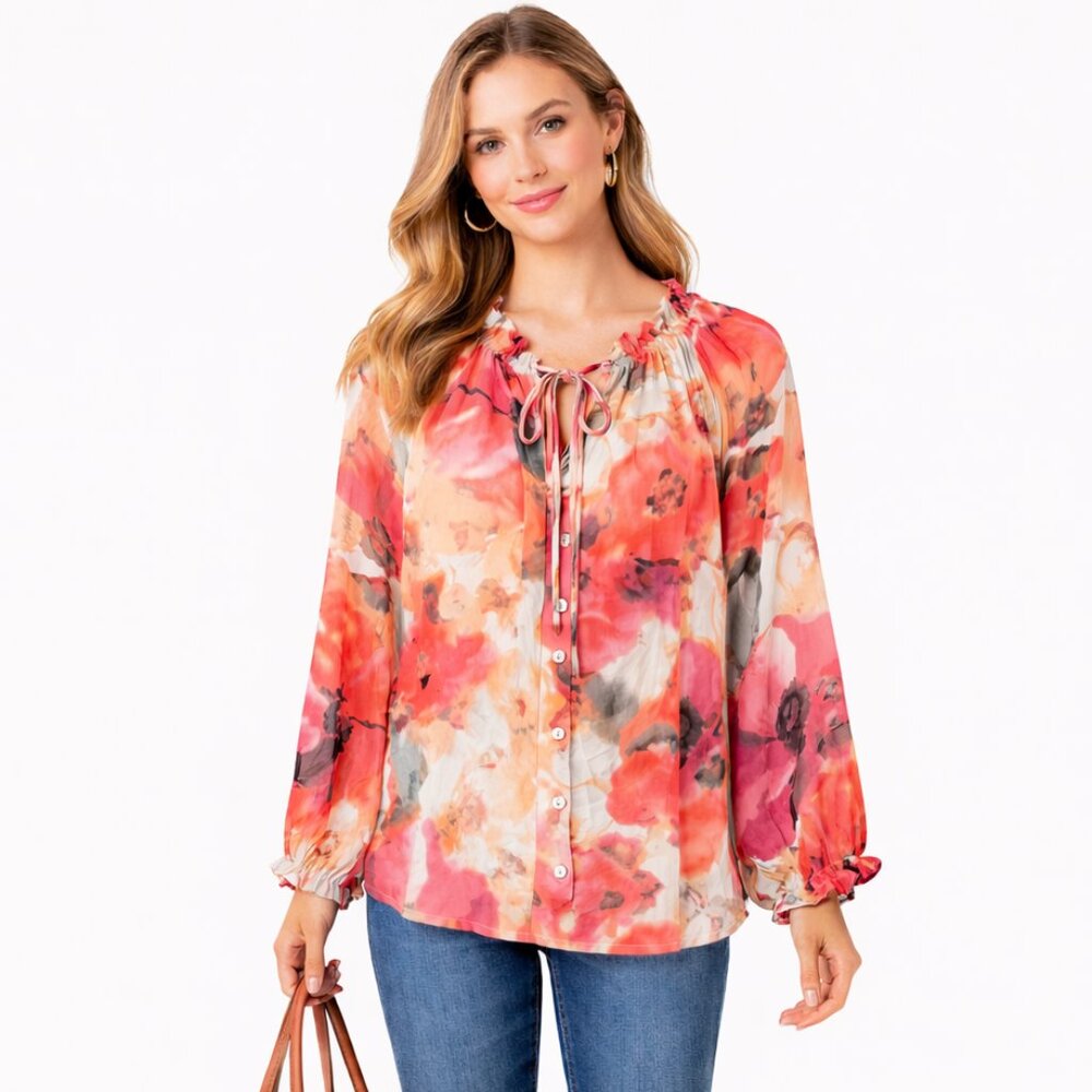 East 5th Floral Sheer Peasant Button Down Up Blouse Boho Tie Neck Top Size 2X